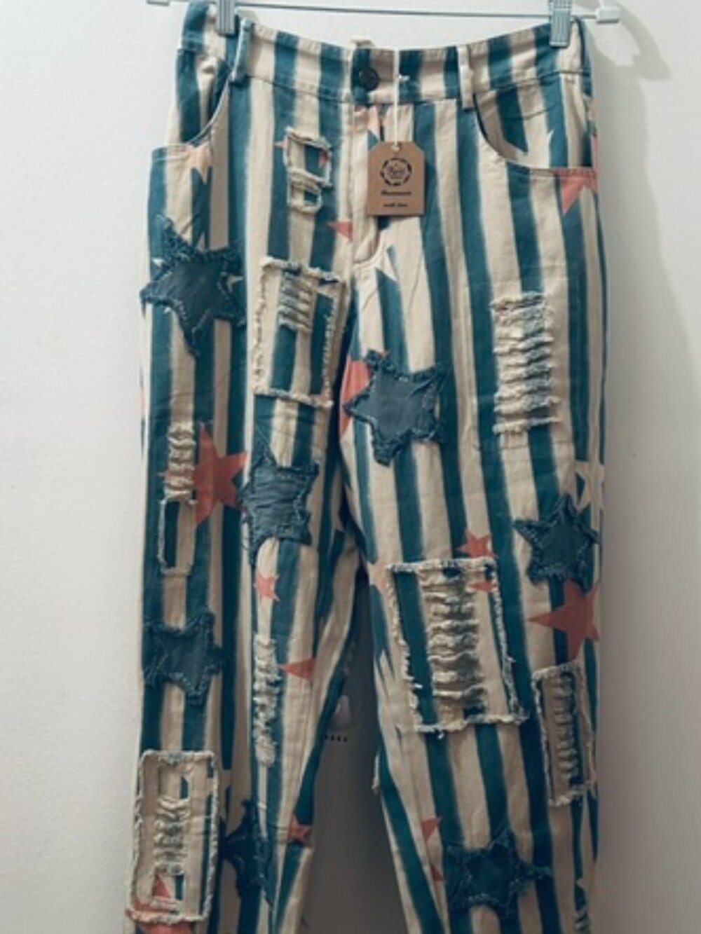 Jaded Gypsy Hand Made Stripes Stars Distressed Patched Elastic Waist Pants NWT